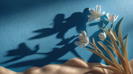 A beautifully composed still life featuring delicate white flowers against a striking blue background. The soft sand texture complements the shadows, creating an artistic and tranquil atmosphere perfect for modern dの素材