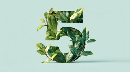 A vibrant composition showcasing the number five formed by lush green leaves against a soft pastel backdrop, symbolizing nature and growth.の素材
