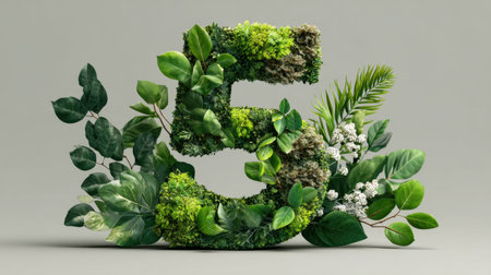 A stunning visual of the number five crafted from lush greenery, moss, and assorted leaves. Ideal for eco-friendly themes, nature projects, or creative designs.の素材