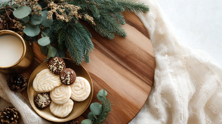 A warm and inviting rustic table setting featuring various cookies on a wooden plate, nestled in natural greenery and cozy textiles, perfect for holiday celebrations.の素材