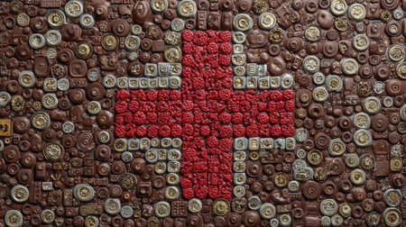 This vibrant composition features a medical cross symbol intricately created using various textures and materials, showcasing a unique artistic design.の素材