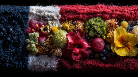 A stunning display of colorful flowers, fruits, and vegetables arranged to mimic the French flag, showcasing vibrant colors and organic beauty.の素材