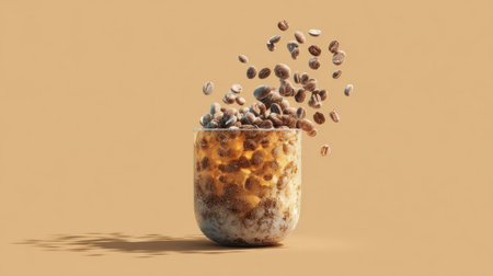 A dynamic composition featuring chocolate beans pouring into a clear glass jar, set against a soft pastel background, highlighting texture and movement.の素材