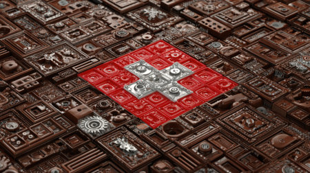 An abstract representation of a chocolate landscape with a prominent Swiss cross, showcasing intricate patterns and vivid colors, perfect for culinary art.の素材