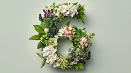 A stunning floral arrangement shaped as the number six, featuring a variety of blooms and greenery against a serene green backdrop, ideal for celebrations.の素材