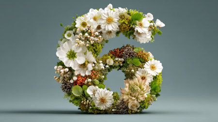 A stunning floral design featuring a creative number six made from vibrant flowers and lush greenery, perfect for celebrations and events.の素材