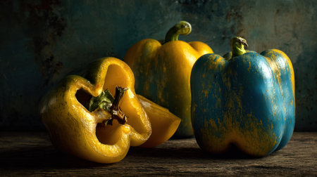 This charming still life features yellow and blue bell peppers displayed on a rustic wooden surface. The textured background and warm light enhance the vibrant colors, perfect for culinary inspiration or food-related projects.の素材