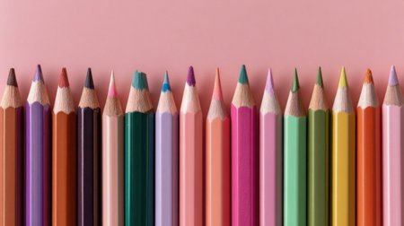 This image features a stunning array of colorful pencils neatly arranged against a soft pink background, perfect for art and creativity themes.の素材