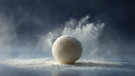 A stunning close-up of a perfectly round white sphere sitting in a soft cloud of flour dust, creating an intriguing visual effect against a dark background.の素材