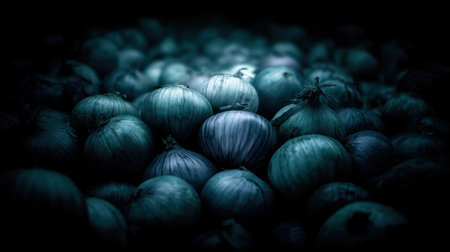 This captivating image features a close-up view of fresh onions nestled in shadows, presenting a dark and moody atmosphere perfect for culinary themes.の素材