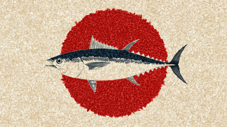 Captivating artwork featuring a fish design set against a rice background with a red circle, showcasing elements of Japanese cuisine and culture.の素材