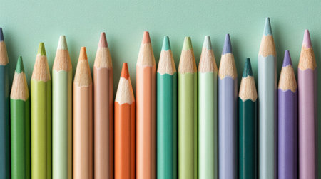 An eye-catching display of sharpened colored pencils featuring a variety of shades on a soft pastel background. Perfect for inspiring creativity!の素材