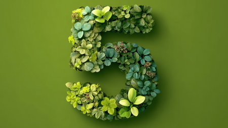 This artistic representation of the number five, crafted from a variety of lush green leaves, showcases nature's beauty and creativity. Perfect for nature-themed projects.の素材
