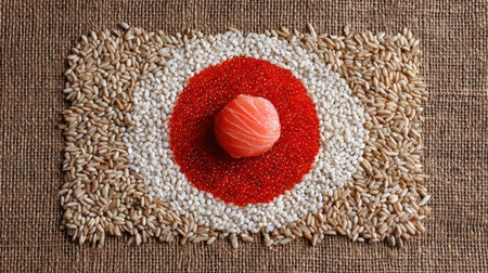 A visually striking arrangement featuring salmon and fish roe on a textured fabric background. This captivating food art highlights healthy ingredients, ideal for culinary presentations and gourmet recipes.の素材