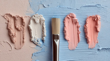 A close-up view of textured paint strokes in soft pastel colors laid out on a canvas background, accompanied by a paintbrush. Ideal for artistic projects.の素材