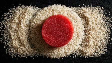 A vibrant slice of fresh raw tuna placed in a sea of white sesame seeds on a dark slate background, ideal for food photography enthusiasts.の素材