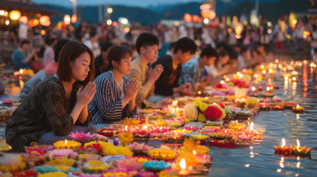 A diverse group of individuals comes together at dusk, praying and releasing colorful floating lanterns into serene water, creating a tranquil and reflective atmosphere filled with hope and spirituality.の素材