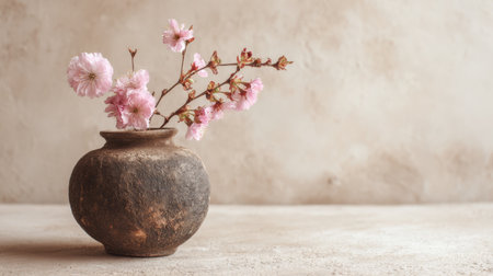 A rustic vase holding delicate pink cherry blossoms against a soft, neutral background, perfect for enhancing a tranquil and elegant atmosphere.の素材