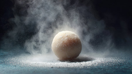 This captivating image showcases a powdery sphere enveloped in a cloud of dust, creating an ethereal effect perfect for culinary designs.の素材