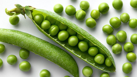 Close-up view of fresh green peas in a pod and scattered on a white background, showcasing their vibrant color and natural appeal for healthy eating.の素材