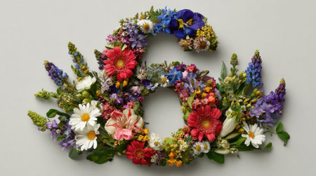 This stunning floral arrangement showcases the number six, crafted with vibrant flowers and green foliage, ideal for creative projects or seasonal decor.の素材