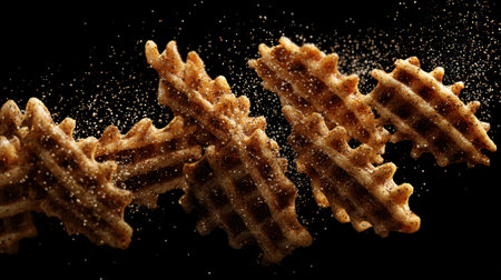 This captivating image showcases golden brown waffles beautifully dusted with sugar, creating a delightful contrast against a dark background, perfect for food-related projects.の素材