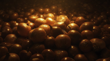 A stunning collection of fresh onions fills the frame, beautifully illuminated to highlight their rich textures and warm colors. Ideal for food-themed projects.の素材