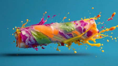 This striking image features a fresh spring roll bursting with vibrant colors against a blue backdrop, accentuated by colorful splashes.の素材