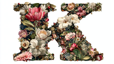 An eye-catching floral letter K adorned with an array of vibrant blossoms and lush greenery, perfect for artistic and creative projects.の素材