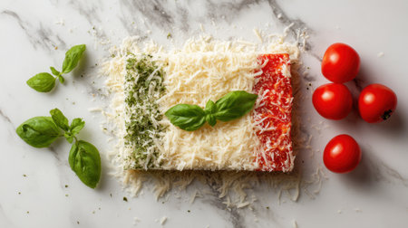A visually appealing arrangement of fresh Italian ingredients resembling the national flag. Features basil leaves, cherry tomatoes, and grated parmesan cheese on a sleek marble surface. Perfect for culinary presentations.の素材