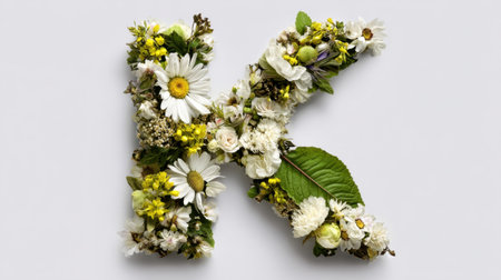 A stunning floral letter K filled with white and yellow flowers against a soft gray background, perfect for invitations, dの素材