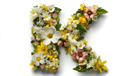 This image features a beautifully crafted letter K made from an array of colorful wildflowers and lush greenery, perfect for art projects and nature themes.の素材