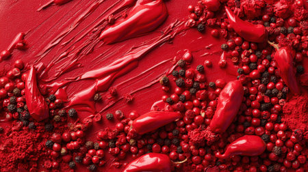A striking visual of red chili peppers, assorted berries, and spices artfully arranged on a smooth red surface, showcasing vibrant colors and textures.の素材