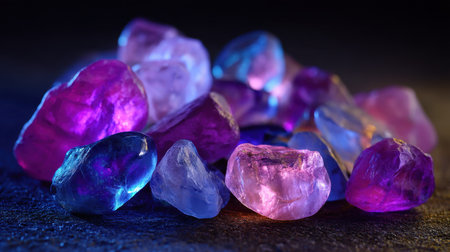 A stunning arrangement of colorful crystals showcasing a variety of shapes and translucence, illuminated by vibrant light on a dark backdrop.の素材
