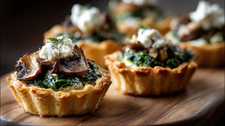 Delight your guests with these savory mushroom tartlets, featuring a crisp pastry filled with fresh greens, creamy cheese, and aromatic herbs. Perfect for any occasion!の素材
