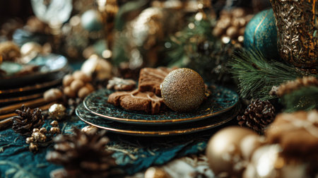Celebrate the festive season with a beautifully arranged holiday table, featuring exquisite decor of golden ornaments, pinecones, and delicious chocolate cookies.の素材