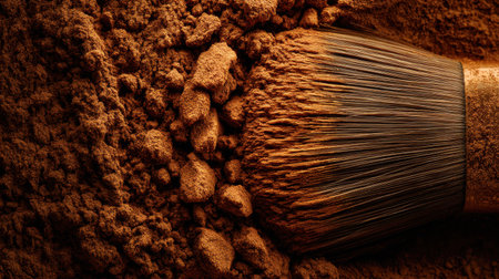This close-up image showcases a makeup brush and brown cosmetic powder, perfect for beauty applications and artistic inspiration in the makeup industry.の素材