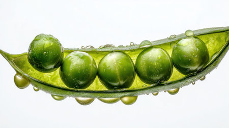 This vibrant image features fresh green peas in their pod, adorned with water droplets, perfect for emphasizing nutrition and healthy cooking ideas.の素材