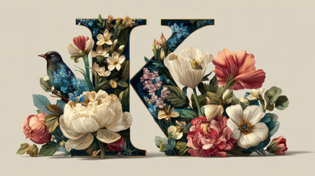 This stunning artwork showcases the letter K, intricately adorned with a variety of colorful flowers and a singing bird, creating a harmonious and vibrant display.の素材