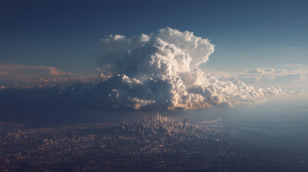 A breathtaking aerial view of a city skyline under a majestic cloud formation during sunset, showcasing vibrant colors and dramatic light effects.の素材