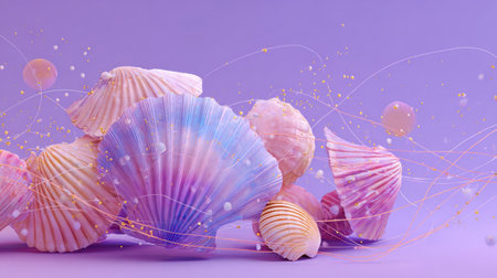A vibrant collection of colorful seashells arranged beautifully against a soft purple background, enhanced by delicate sparkles. Perfect for creative projects.の素材