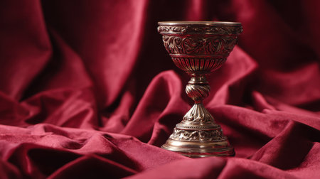 A beautifully crafted silver chalice rests on draped rich red fabric, showcasing intricate details and creating an elegant still life scene that evokes luxury and tradition.の素材