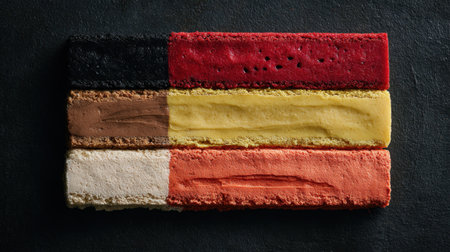 A vibrant layered cake inspired by the colors of the German flag, showcasing a creative blend of textures and flavors against a dark background.の素材