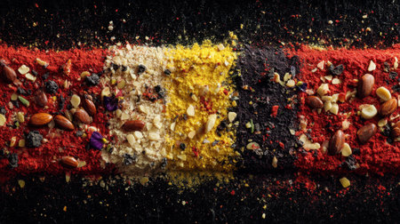 A stunning display of vibrant spices meticulously arranged to create a flag design on a dark surface, highlighting colors and textures.の素材