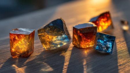 A stunning composition featuring colorful gemstones reflecting sunlight on a wooden surface, highlighting their intricate textures and beauty.の素材
