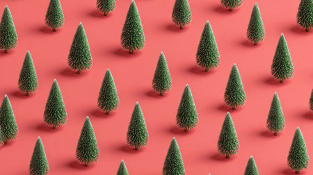 A striking arrangement of miniature Christmas trees on a vivid red background, perfect for evoking holiday cheer and festive spirit.の素材