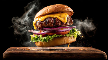 A mouthwatering cheeseburger featuring a juicy beef patty topped with melted cheese, crisp vegetables, and enticing smoke on a rustic wooden board.の素材