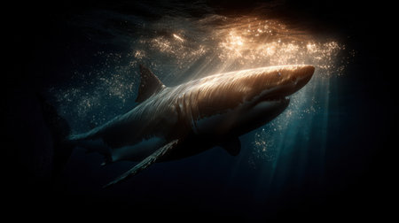 A stunning great white shark glides through the deep ocean, illuminated by sunlight rays filtering from above, showcasing underwater beauty.の素材