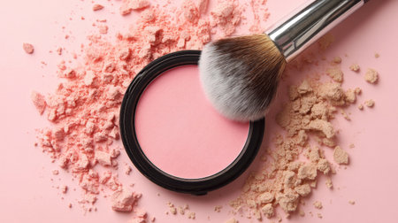 A visually appealing arrangement featuring a pink blush powder in a round container, accompanied by a soft makeup brush on a light pink background.の素材