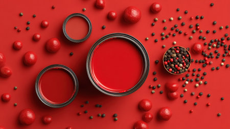A captivating arrangement of red paint cans and colorful spices showcases a vibrant aesthetic. This still life beautifully blends shapes and textures to create an eye-catching composition, perfect for artistic themes.の素材